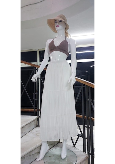 Eren Style Beli Lastikli Astarlı Uzun Şifon Etek-8960 Beyaz