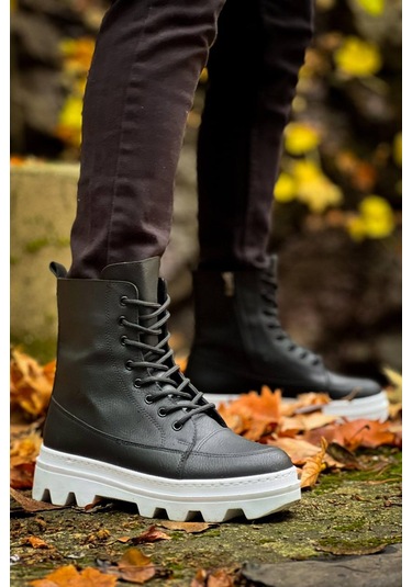 Kb-0993 Siyah Cilt Beyaz Yüksek Taban Postal Bot Siyah