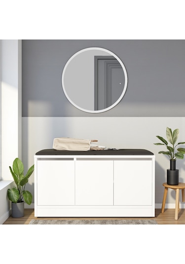 Robin Home Puflu Minderli Oturaklı Aynalı Ayakkabılık Dolap 90cm Beyaz Beyaz