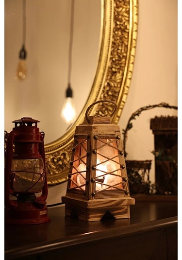 Lebron Ahşap Hasır Ipli Piramit Tuz Lambası Açık Ahşap