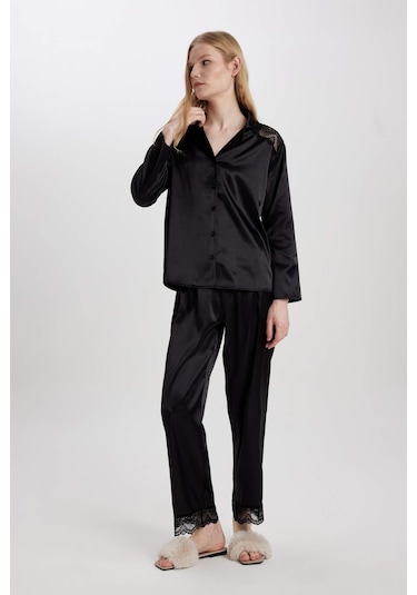 DeFacto Regular Fit Uzun Kollu Saten Casual Pijama Üstü-Fall in Love B6198AX24SPBK27