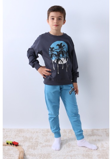 Erkek Çocuk Eşofman Takımı Palmiye Baskılı Ribanalı 4 Mevsim Bisiklet Yaka F13 Mavi