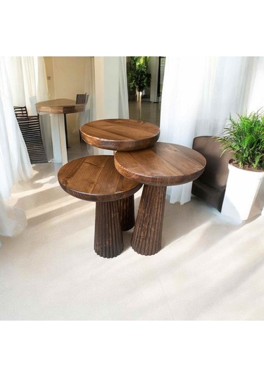 Masif Ahşap Mantar Sehpa Seti 3 Lü Ceviz Renk Doğal Zigon