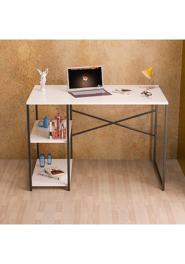 Çalışma Masası Yandan Raflı Beyaz Beyaz
