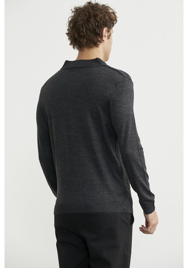 Polo Yaka Ekose Motifli Triko Kazak - Antrasit Antrasit