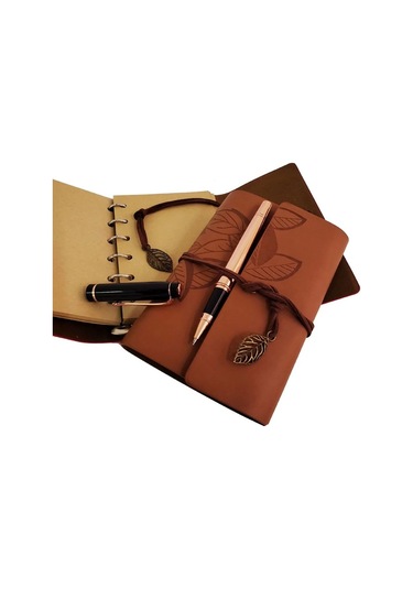 Özel Ahşap Kutulu Taba Deri Defter Ve Bakır Roller Kalem Set 1 Adet