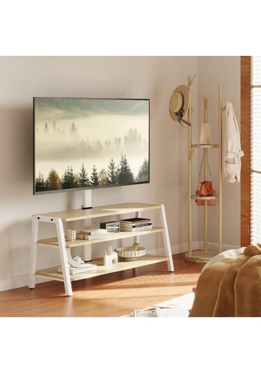 Fitueyes Tv Dolabı 37 70", 35 Kg Taşıma, Ayarlanabilir Yükseklik, 3 Ahşap Raf Tv Ünitesi Beyaz