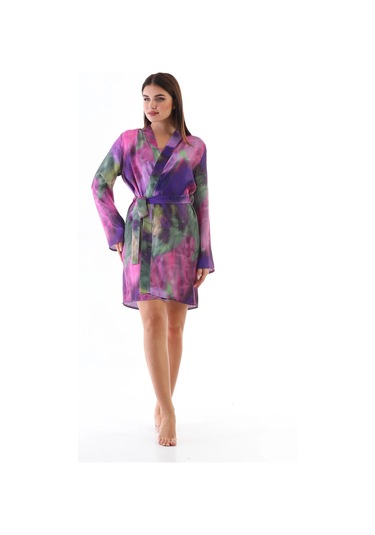 Laperissa Kadın Çok Renkli Saten Dokuma Sabahlık Kuşaklı, Desenli Ve Şık Ev Giyim Çok Renkli