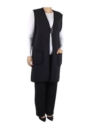 Kadın Desenli Üç Düğmeli Kalın Kışlık Yelek Siyah