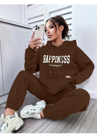 Happiness Eşofman Takımı Sweatshirt Jogger - Kahverengi Baskılı Oversize Şardonlu Kapüşonlu Kahverengi
