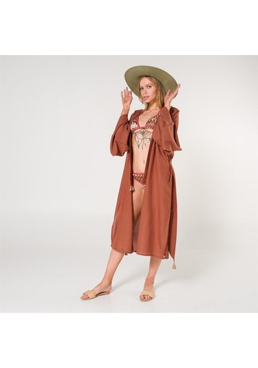 Eli Kadın Pul Baskılı Kimono-Tarçın-Standart Tarçın
