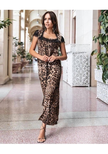 Tua Moda Kadın Leopar Desenli Dantelli Jesica Kumaş Maxi Boy Elbise Leopar