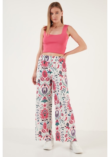 Lela Desenli Beli Lastikli Bol Paça Rahat Kesim Bayan Pantolon 5865217 Beyaz-Fuşya