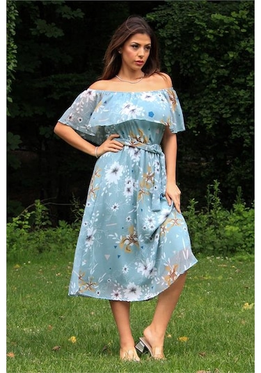 Neşeli Butik Kadın Mint Yeşili Kuşaklı Çiçekli Yazlık Şifon Elbise Nb100371 Mint