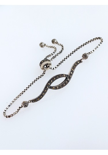 925 Ayar Gümüş Siyah Lale Tasarım Markazit Taşlı Kadın Asansör Bileklik B130 Gümüş