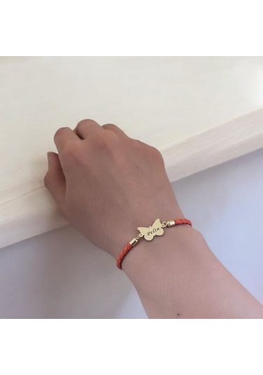 Pelin İsmine Özel Kelebek Motifli 14 Ayar Altın Plakalı Turuncu Derili Hediye Bileklik-502isim Pelin