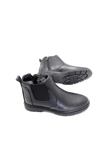 Derilax Hakiki Deri Ortopedik Jel Tabanlık Kürklü Kışlık Erkek Bot Siyah