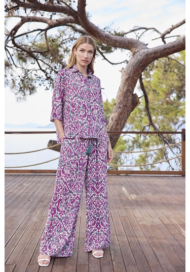 Monamise Kadın Desenli Önü Düğmeli Gömlek Yaka Alt Üst Takım 25017 Yeşil