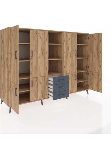 Kronos Dolap 11 Raflı 3 Çekmeceli 8 Kapaklı 220x59x163 Çam-çam/an Çam-çam/antrasit