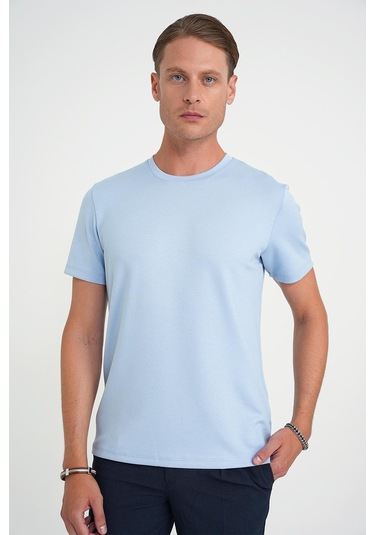 Comfort Fit Bisiklet Yaka Esnek Pamuk Casual Mavi Tişört Ts 885 Mavi