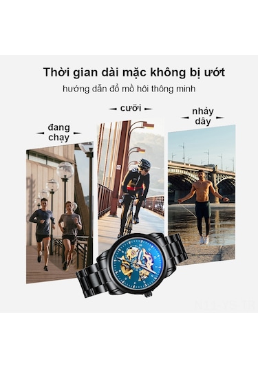 Yunboo Erkek Mekanik Saat Deri Kordon Su Geçirmez Gece Işıklı Erkek Öğrenci Kol Saati Siyah Kasa Mavi Ekran Altın