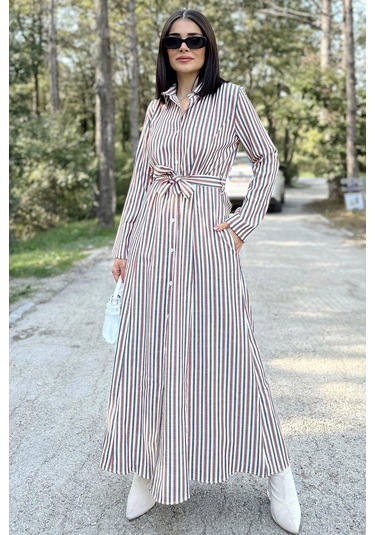 Kadın Kiremit & Ekru Çizgili Uzun Kol, Rahat Beli Kemerli, Cepli, Keten, Maksi Gömlek Elbise Kiremit