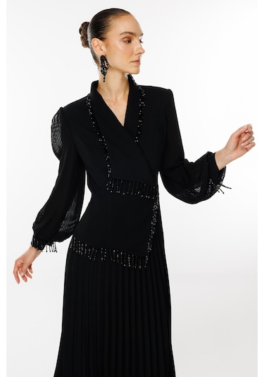 Moda İlgi Kadın Boncuk Detaylı Piliseli Uzun Elbise 6073 Siyah Siyah
