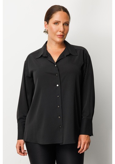 Moda İlgi Kadın Büyük Beden Simli Çizgili Gömlek 0034 Siyah Siyah