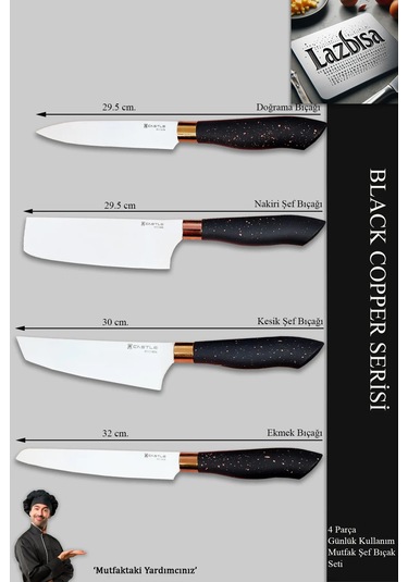 Black Copper Serisi Mutfak Bıçak Et Sebze 4 Lü Şef Bıçağı Mft-854 Siyah
