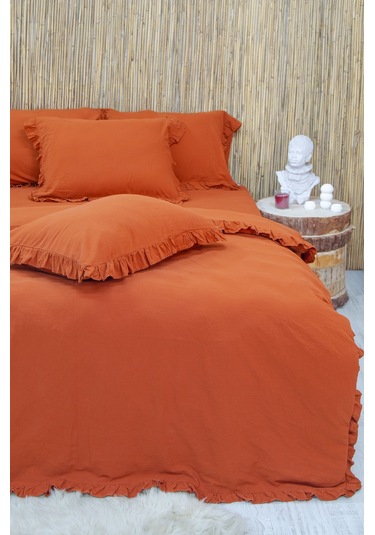 Lilya Keten Görünümlü Fırfırlı %100 Pamuk Çift Kişilik Nevresim Takımı - Lilyack Ekru