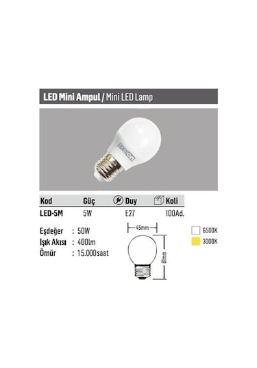 Lightson 5 Watt 400 Lumen 6500K Beyaz Işık E27 Led Ampul Spot Amp