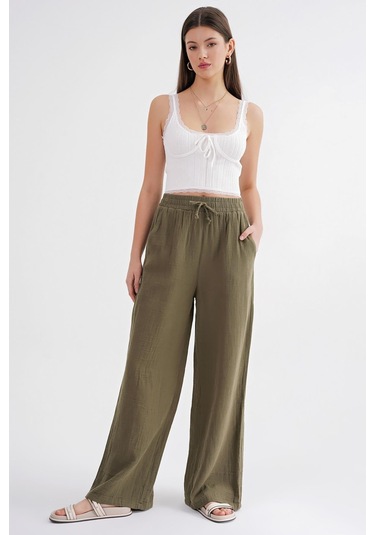 4286 Kadın Bol Paça Beli Lastikli Müslin Palazzo Pantolon Haki Haki