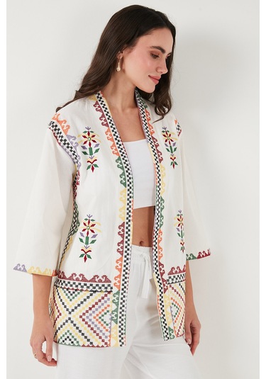 Lela Nakış Işlemeli Pamuklu Oversize Fit Truvakar Kol Bayan Kimono 676272 Ekru