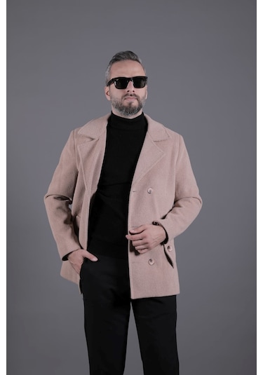 Ohepmoda Desenli Kruvaze Erkek Kaşe Kaban Sütlü Kahve
