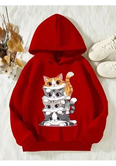 Kışlık Kapüşonlu Sweatshirt, Çocuk Kediciklerbaskılı Kırmızı