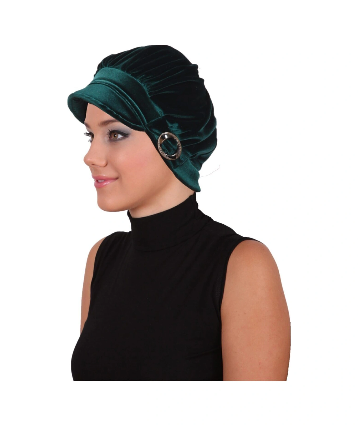 Kadife Şapka Toka Detaylı Yeşil Hazır Türban Tesettür Bone Hürrem