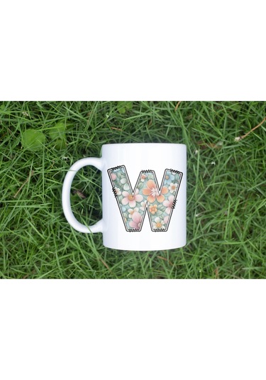 W Harfli Pastel Çiçek Desenli Kahve Kupası - Kişiye Özel Çiçekler Koleksiyonu Bardak - Hediye Beyaz
