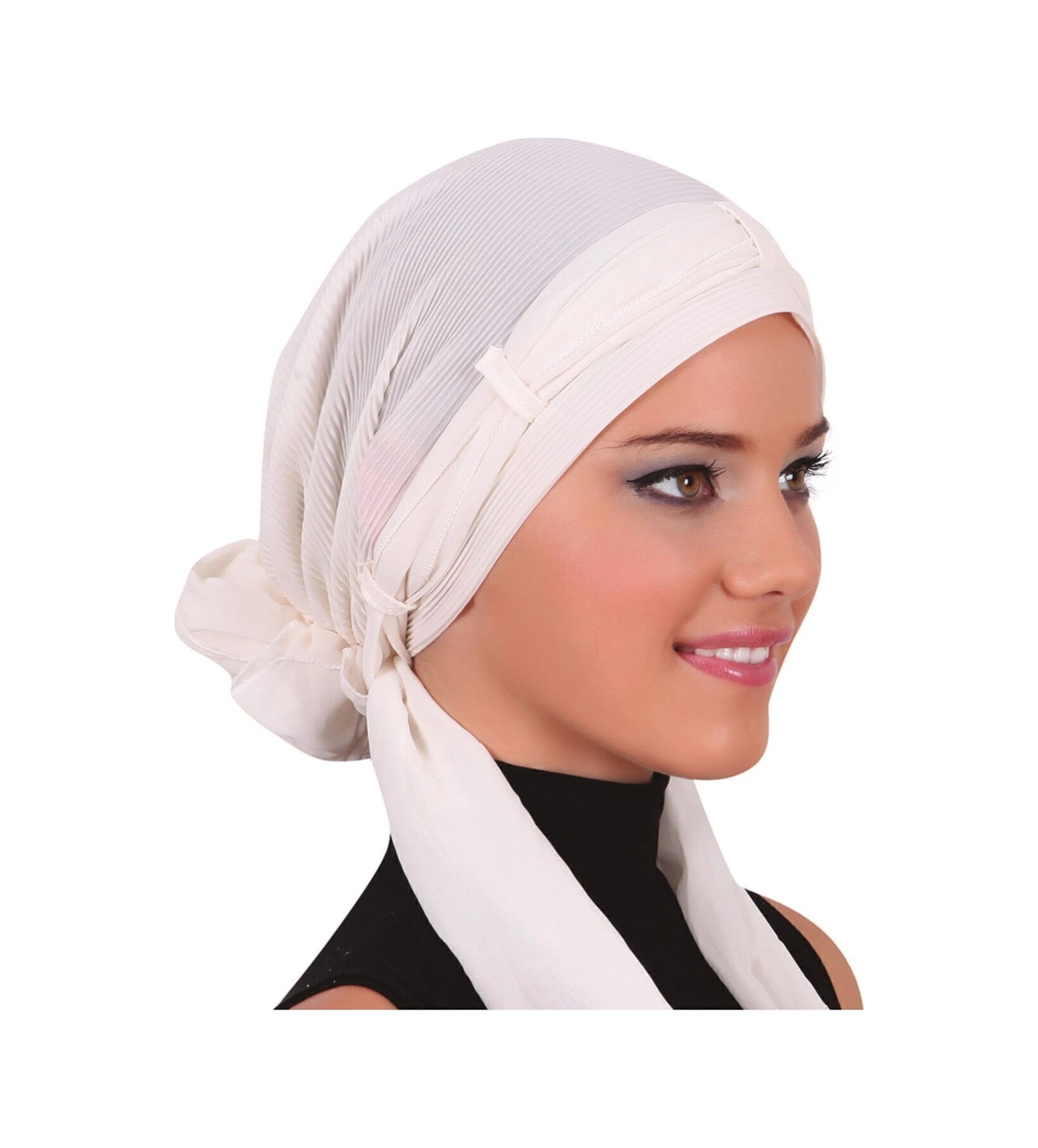 Plise Fularlı Arkası Şifon Incili Çiçek Aksesuarlı Krem Hazır Türban Tesettür Bone Krem