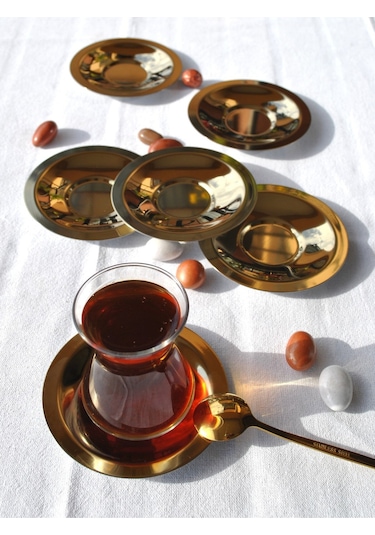 6'lı Paslanmaz Çelik Gold Çay Tabağı 10 Cm Çay Tabak Altın