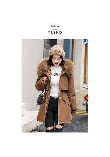 Snapbuy Kalın, Yumuşak Dolgulu, Midi Boy, Kapüşonlu, Kürk Detaylı Kadın Mont Kahve