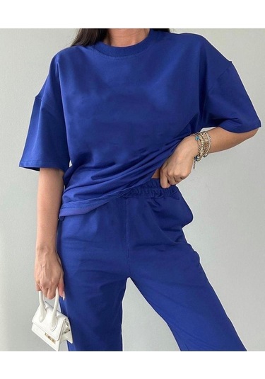 Basic T-shirt Eşofman Altı Jogger - Saks Mavi Düz Alt Üst Eşofman Takımı Oversize Bisiklet Yaka Saks Mavi