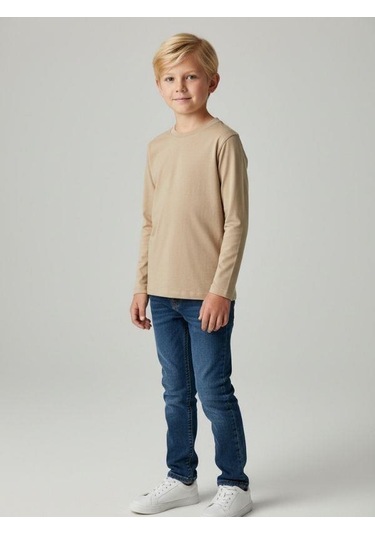 Zekids Erkek Çocuk Pamuklu Uzun Kol Basic T-shirt-16713 Bej
