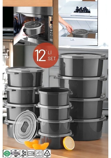 Mikrodalga Ve Difrizde Kullanılabilen Saklama Kabı Seti Yuvarlak 12'li Antrasit