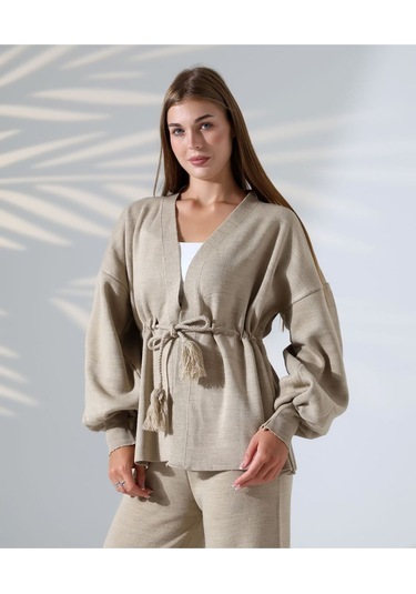 Kuşak Detaylı İkili Triko Takım Vizon