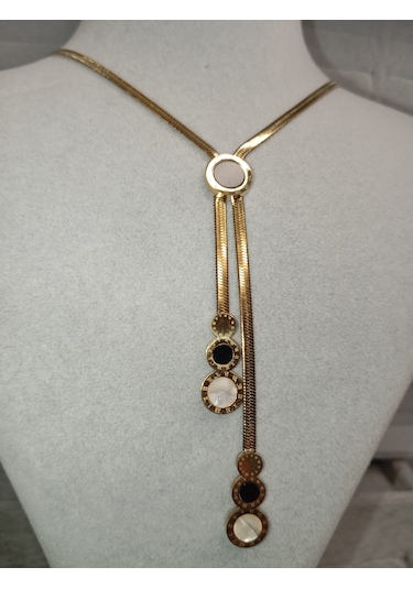 Siyah-beyaz Mineli Gold Renk Kolye Gold