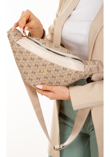 Newish Polo Kadın Desenli Çapraz Omuz Askılı Bel Ve Omuz Çantası - New345 Bej