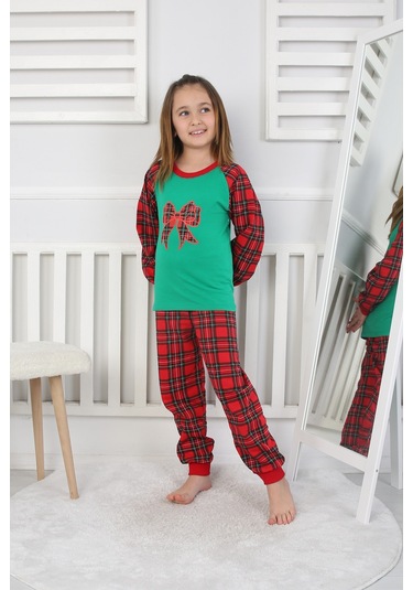 Kız Çocuk Pijama Takımı Papyon Yeşil