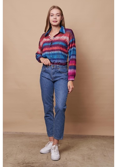 Kadın Desenli Yakalı Düşük Omuzlu Uzun Kol Şık Ofis Gömlek-Ebruli Desen Ebruli Desen