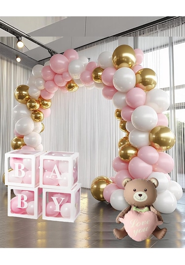 Krom Gold, Makaron Pembe Ve Beyaz Balon Temalı Baby Shower Set Baby Kutu Pembe Kalpli Ayıcık Folyo Ve Balon Zincir Set Pembe