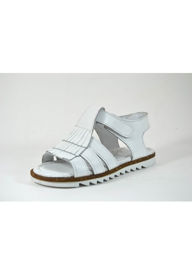 Bayrak Hakiki Deri Beyaz Püsküllü Kız Çocuk Sandalet 26-30 Beyaz